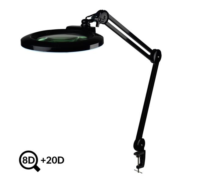Čierna polohovateľná LED lampa s lupou IB-178, priemer 178mm, 8D + 20D
