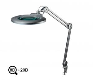 Šedá stolná LED lampa s lupou IB-178, priemer 178mm, 8D + 20D