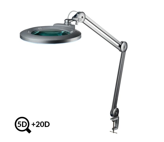 Šedá stolná LED lampa s lupou IB-178, priemer 178mm, 5D+20D