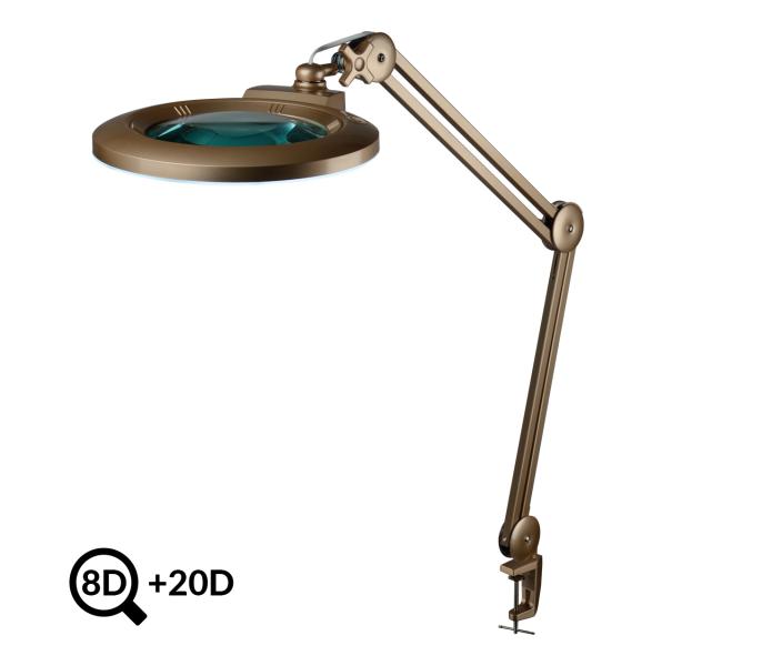 Zlatá pracovná LED lampa s lupou IB-178, priemer 178mm, 8D+20D