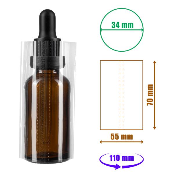 Priehľadná zmršťovacia fólia 70x55 mm s perforáciou na fľaše a obaly s priemerom do 34 mm