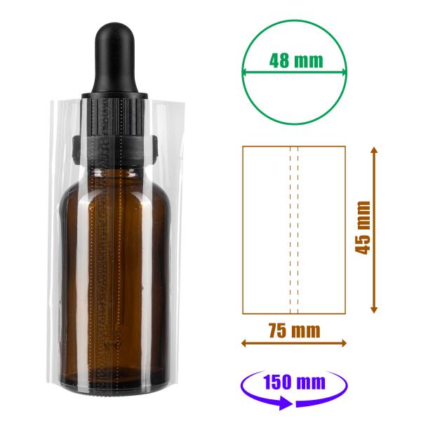 Priehľadná zmršťovacia fólia 45x70 mm s perforáciou na fľaše a obaly s priemerom do 48 mm