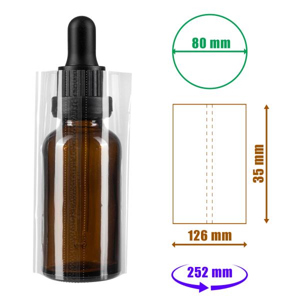 Priehľadná zmršťovacia fólia 35x126 mm s perforáciou na fľaše a obaly, priemer do 80 mm