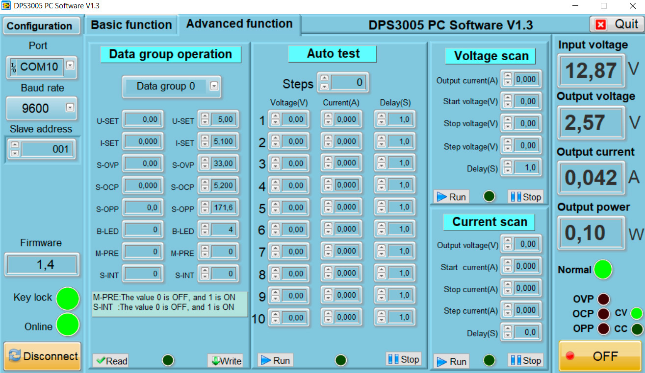 Modul spínaného zdroja s reguláciou V / A DPS3005 0-30V 0-5A s USB a BT komunikácií